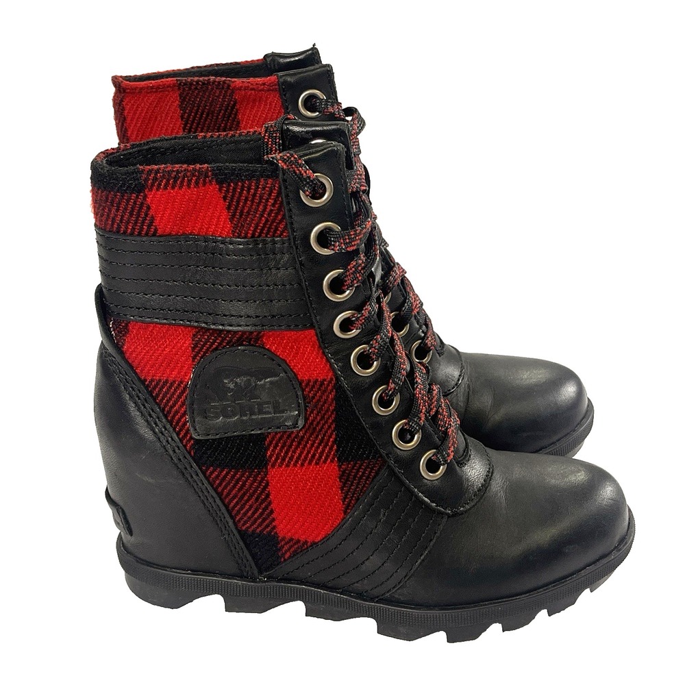 Sorel Women's Black and Red Plaid Lace-Up Boots